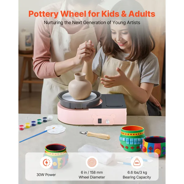 6-Inch Mini Pottery Wheel with Forward and Reverse Rotation,Adjustable Speed,Electric Clay Tool Kit for Kids and Adults,Pink