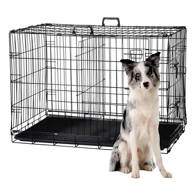 Jaula metálica plegable para perro grande de 92 cm, con ventilación, alfombra interna y apta para cabina de avión