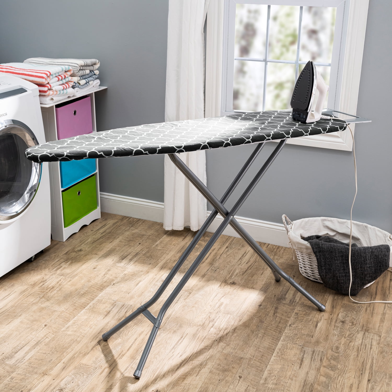 Seymour Home Products Adjustable Height, 4 Leg Ironing Board with Mesh Top and Iron Rest, Gray Lattice