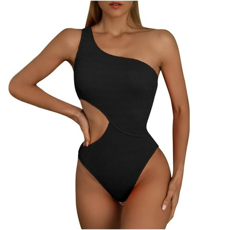 Women s One Shoulder One Piece Swimsuits Cutout High Cut Slimming Bathing Suits Solid Color Swimwear Monokini