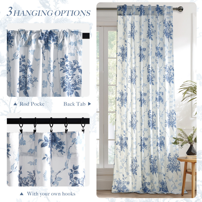 NICETOWN Floral Curtains for Bedroom, Faux Belgian Linen Curtains Light Filtering Semi Sheer Linen Drapes Back Tab Privacy Protection Window Treatments, Blue, 52"x84", 2 Panels