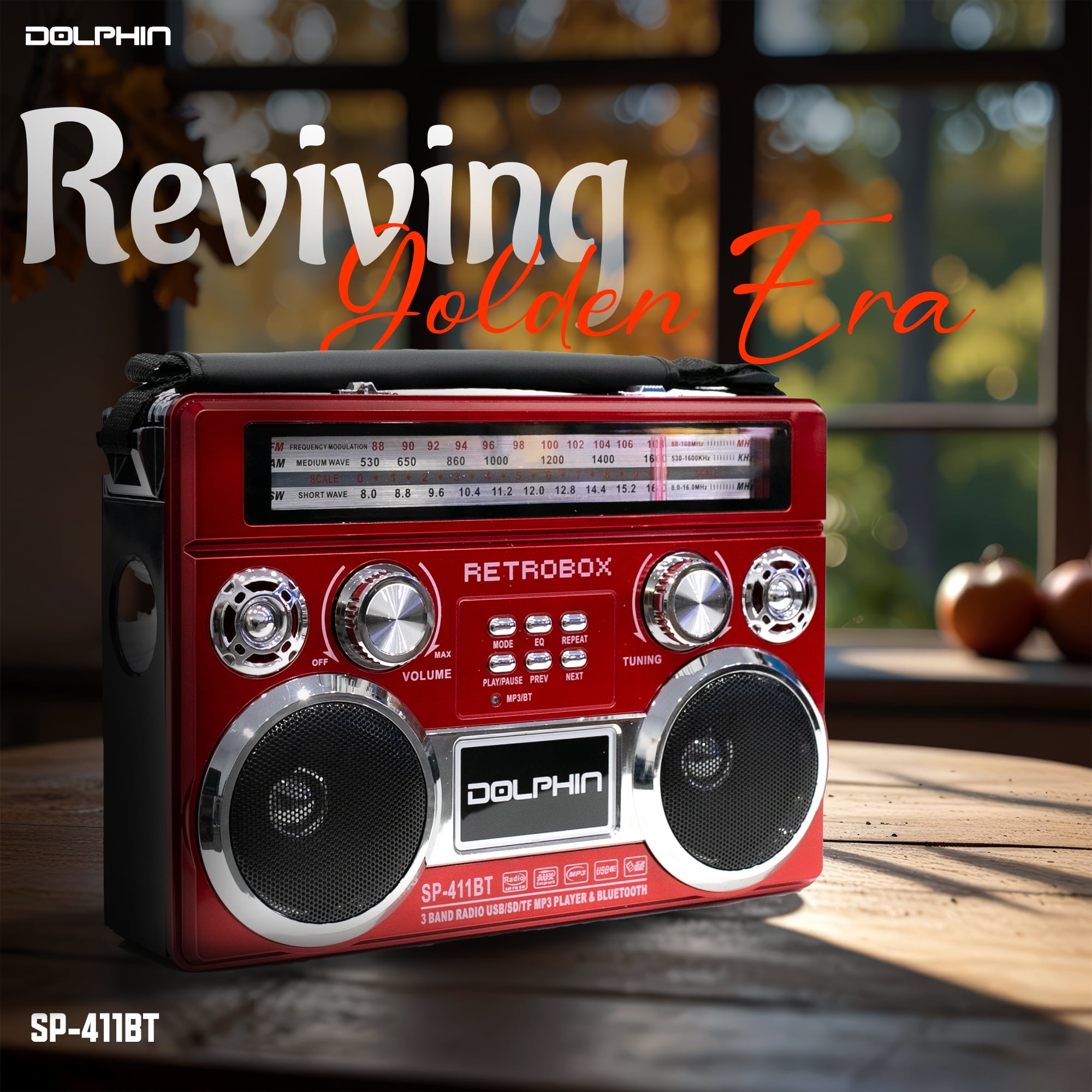 Dolphin SP-411BT Retro Bluetooth Radio with AM/FM/SW, Rechargeable Battery, USB, SD, AUX, Telescoping Antenna, Leather Handle – Portable Speaker with Vintage Design, Red