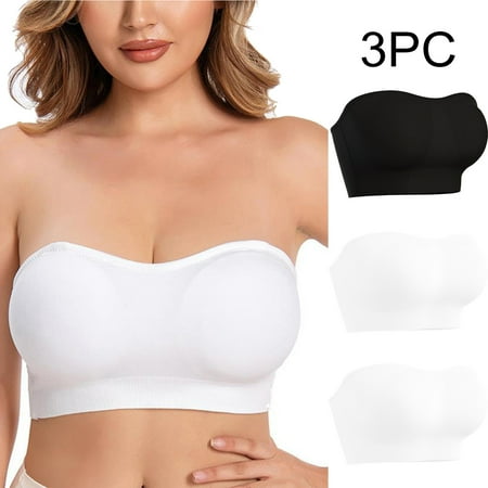 Holiday Clothing Xysaqa 3 Piece Bandeau Strapless Bras for Women  Women s Stretch Tight Bandeau Tube Top Bra Wireless Padded Bralette Bra (with 3PC Invisible Bra Strap) M