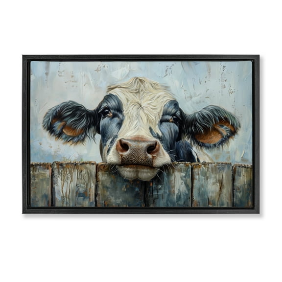 Stupell Industries Howdy Neighbor Cow Animals & Insects Painting Black Floater Framed Canvas Art Print Wall Art, 25 x 17