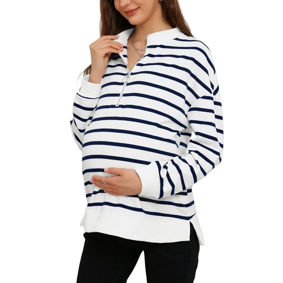 INSPIRE CHIC Womens Maternity Blouse Cotton Mock Neck Shirt Half Zip Long Sleeve Tops Side Slit Striped Turtleneck Pregnancy S Blue