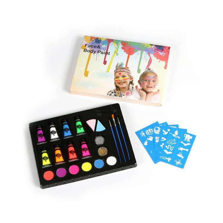 Face Painting kit for kids, 24 Colour Washable Face Painting kit with  stencils, Professional Body Face Paint with 4 Glitter, 34 Stencils, Sponge,  Hair Chalk, for Party, Festival, Body Paint, Makeup kit