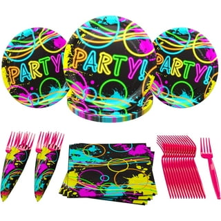 HIPVVILD Neon Party Supplies Tableware, Neon Glow Party Decorations Include  Plate, Cup, Napkin, Tablecloth, Cutlery, Straw, Neon Graffiti Glow Theme