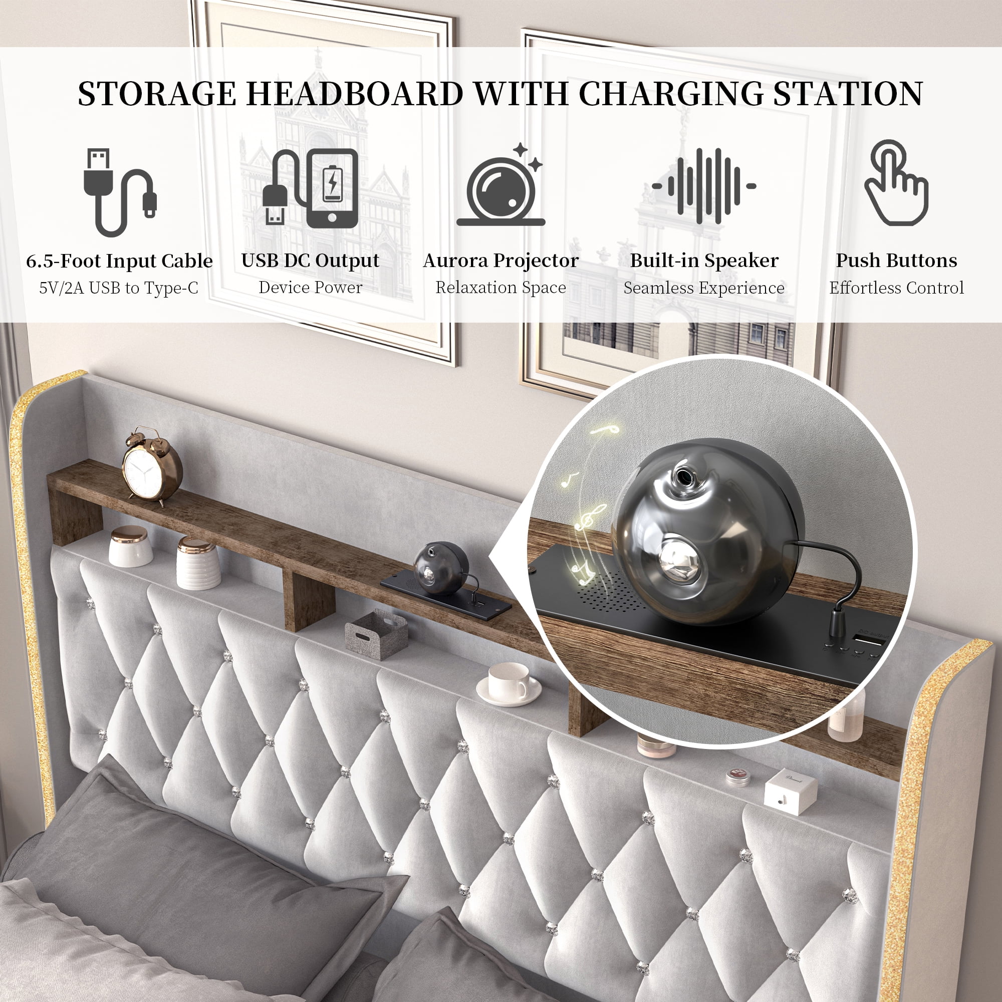 SIBEDS LED Bed Frame with 2 Storage Drawers and Galaxy Star Projector Velvet Upholstered Gray Tufted Wingback Headboard, Full