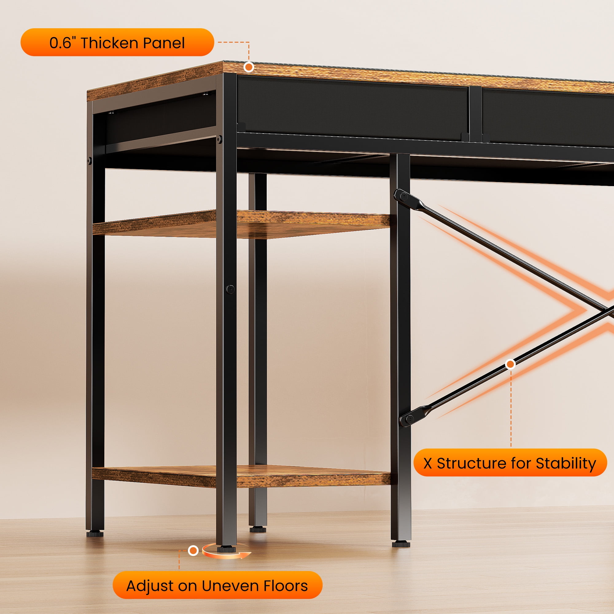 MCQ 47 Inch Computer Desk include 6 Drawers with 2 Empty Shelves, Rust