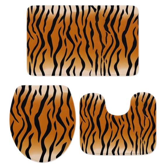 Brown Tiger Skin Bathroom Rugs Set Abstract Farm Brown Tiger Animal Texture Black Stripes Non Slip Absorbent Soft Bath Mats 3 Piece Set Bathroom Rug, U-Shaped Floor Mat, Toilet Seat Cover Small Size