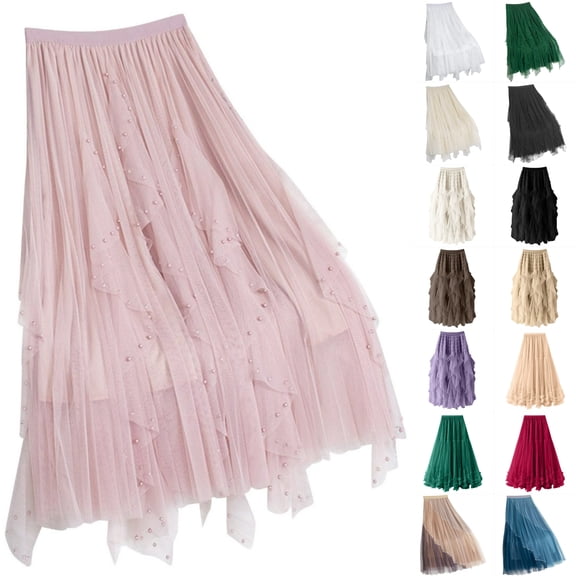 STETMN Women's Maxi Tulle Skirts Ruffle Flowy Hem Skirt Elastic Waist Tiered Swing Elegant Skirt