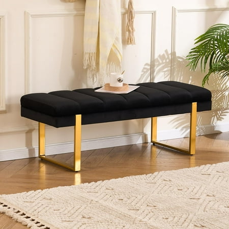 Velvet Ottoman Bedroom Bench, 46.5" Tufted Padded End of Bed Bench with Gold Legs, Upholstered Dining Table Bench Shoe Bench for Living Room Entryway Window