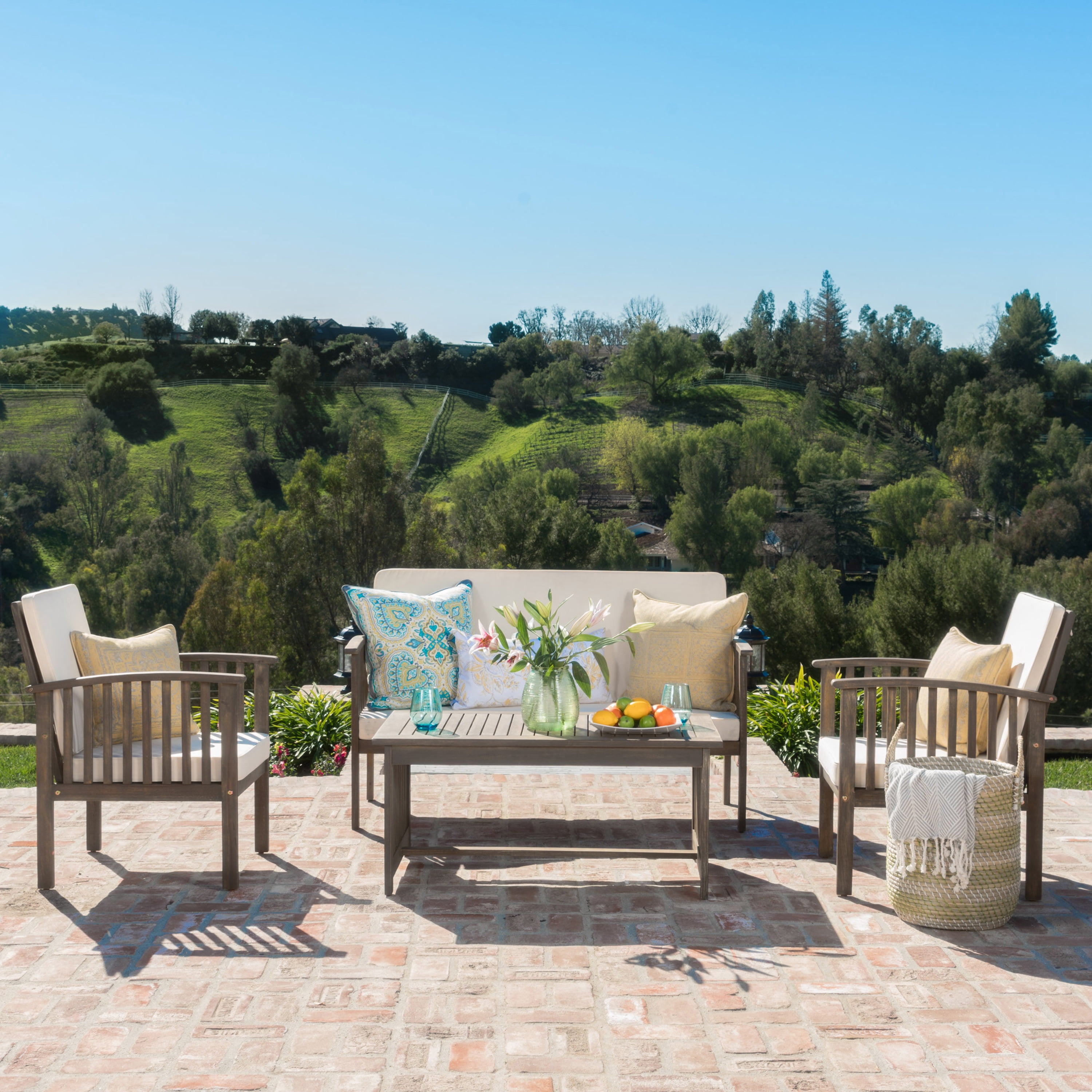 Outdoor 4 Piece Conversation Furniture Set, Acacia Wood Combined Leisure Seats for Patio Garden, Gray
