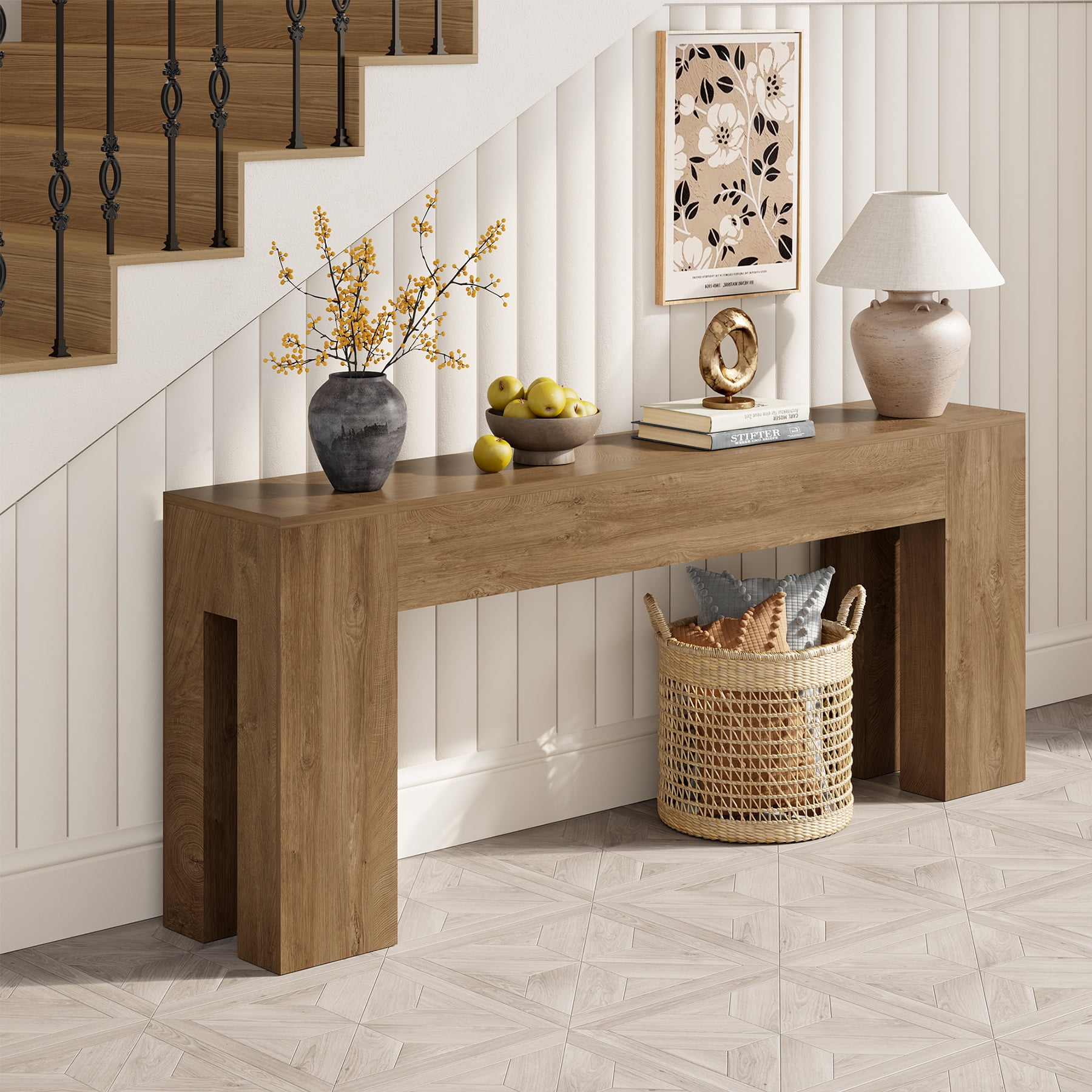 Extra Long Sofa Console Table for Entryway Living Room, 78-Inch Farmhouse Wood Behind Couch Table, Rectangular Accent Console with Wooden Double Base for Hallway Foyer Entrance, Natural Oak Brown