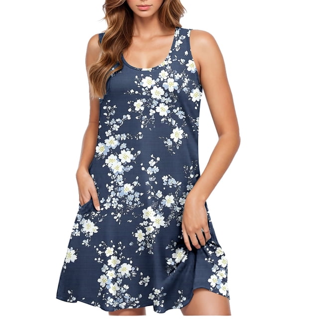 Ovzne Robes d'Été pour Femmes 2025 Robe d'Été Robe Décontractée pour Femme Dégradé Sans Manches Col Ras du Cou Robe à Imprimé Robe Grande Taille Robe Imprimée Liquidation