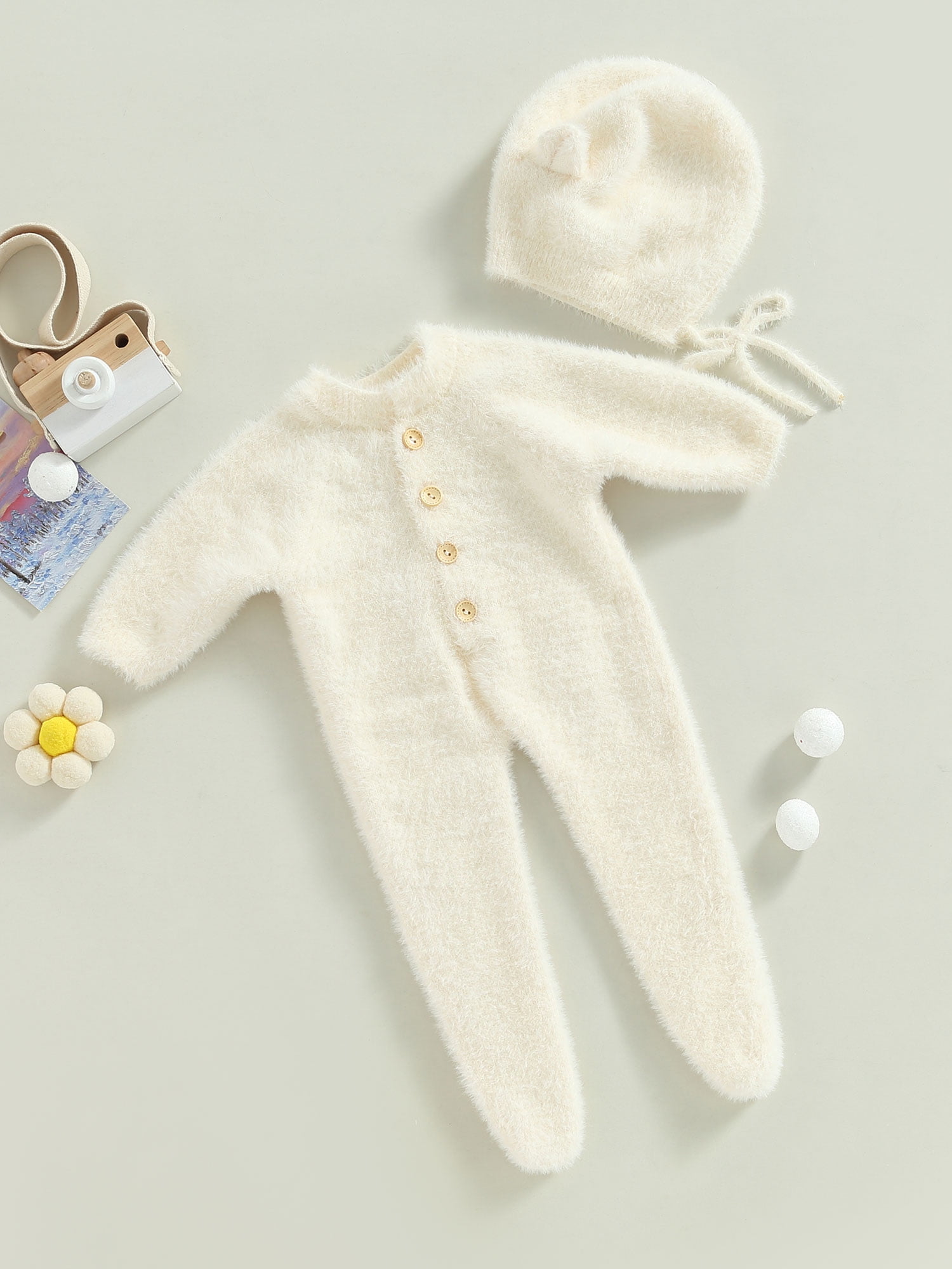 Arvbitana Infant Baby Girl Boy Plush Jumpsuit Long Sleeve Round Neck Button Closure Solid Color Playsuit  + Hat Winter Warm One Pieces Clothes for Infant 2Pcs 0-24M