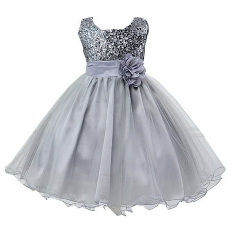 

Little Girls Sequin Mesh Tull Dress Sleeveless Flower Party Wedding Ball Gown 3-10Y