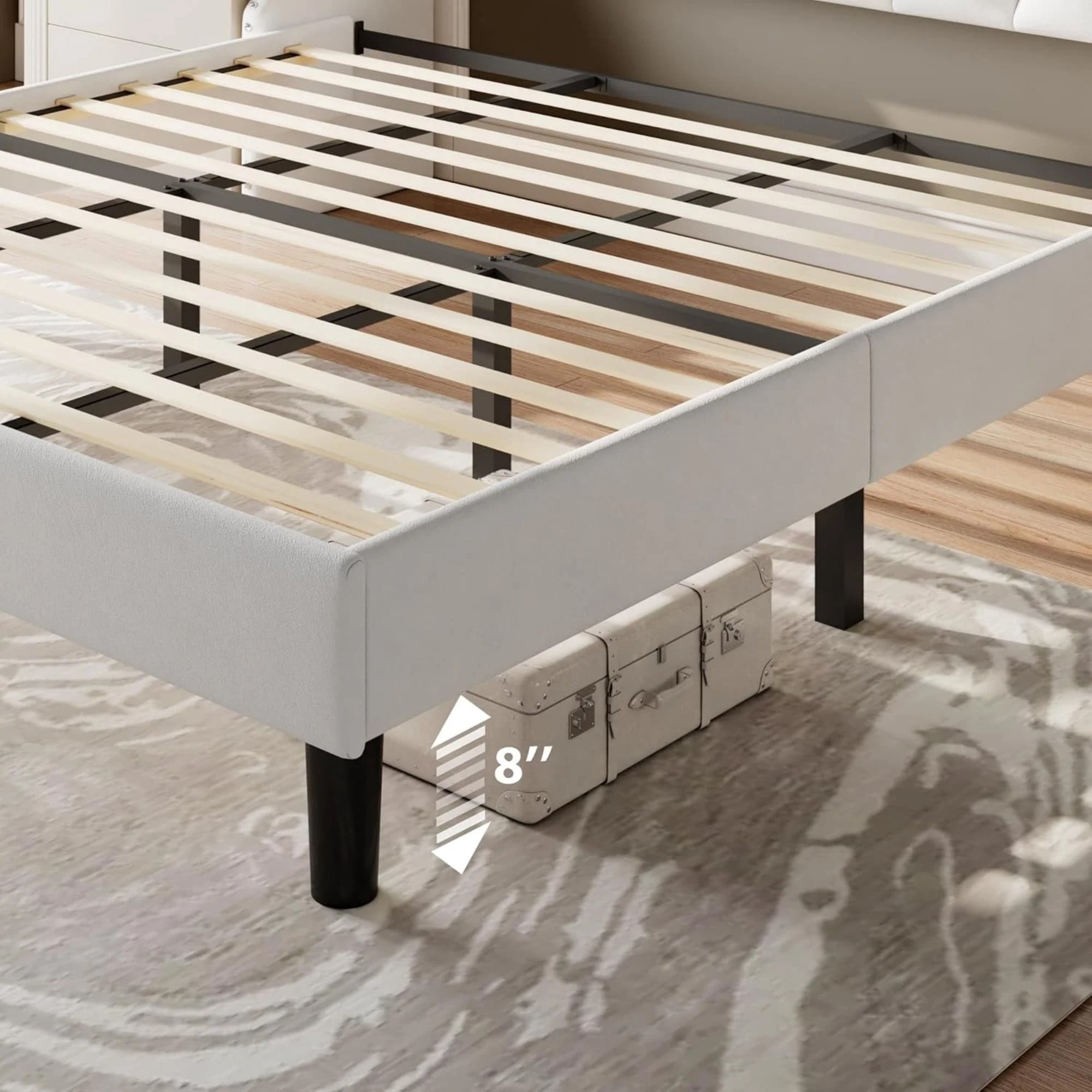 BSHTI King Size Platform Bed Frame with 16" Wingback Tufted Headboard, Charging Station (2 AC & 2 USB), 12 Wood Slats, White