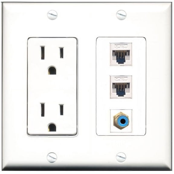 RiteAV - 15 Amp Power Outlet 1 Port RCA Blue 2 Port Cat5e Ethernet White Decorative Wall Plate