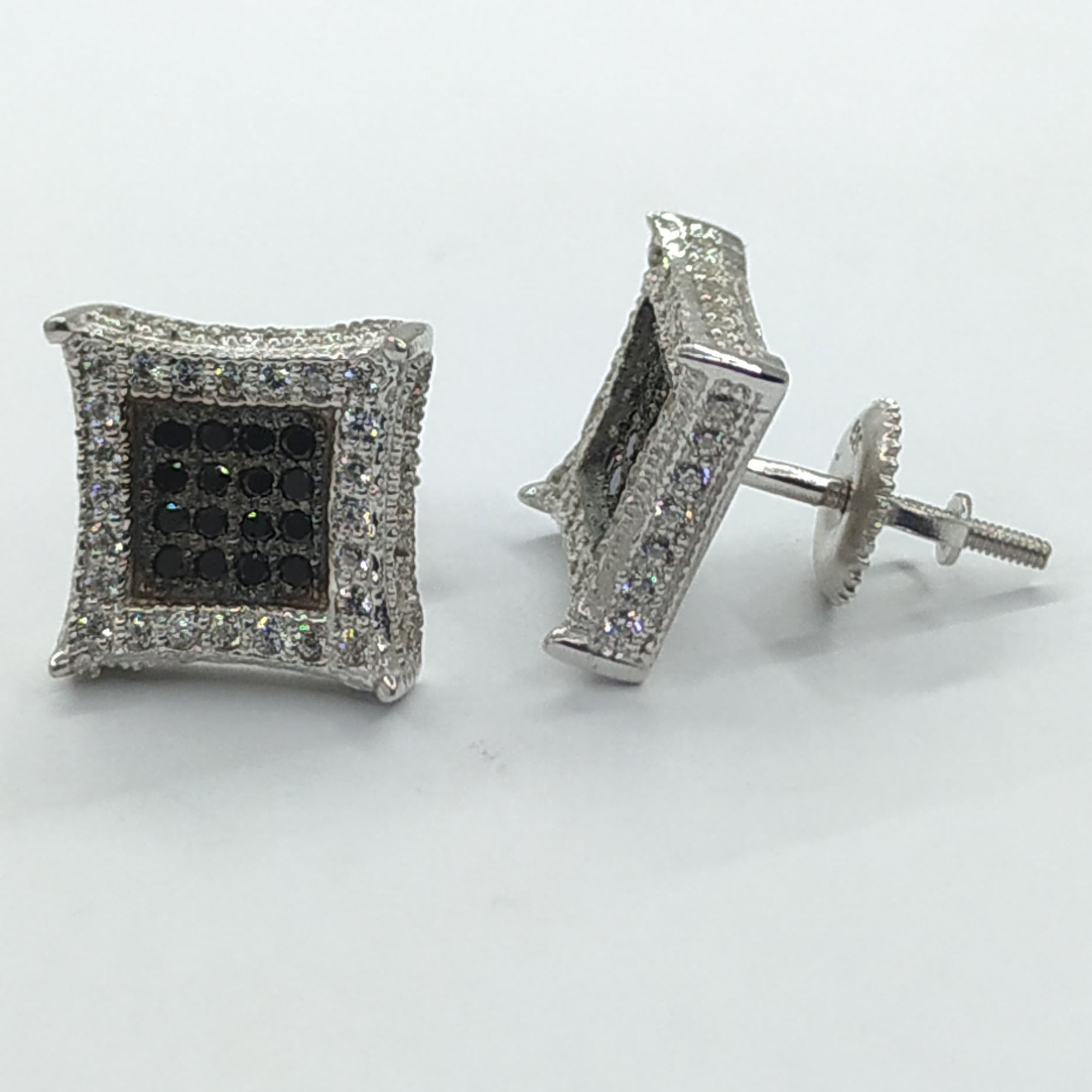 0.25 CT Men's 925 Silver Kite Shape Earrings with Clear, Black & White CZ Square Stud Design, 10mm, 14K White Gold Plated Silver - Unisex Earrings for Men and Women