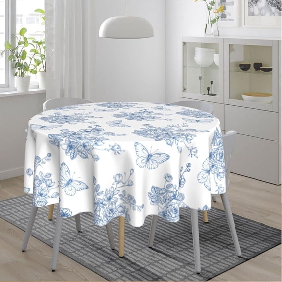 Blue Butterfly Floral Round Tablecloth 60 Inch, Decorative Holiday Home Party Table Cloth for Kitchen Dining Picnic Table Cover