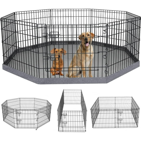 Foldable Metal Dog Exercise Pen/Pet Puppy Playpen Kennels Yard Fence Indoor/Outdoor 8 Panel 24" W x 24" H with Bottom Pad (with Bottom pad, 8 Panels 24" H)