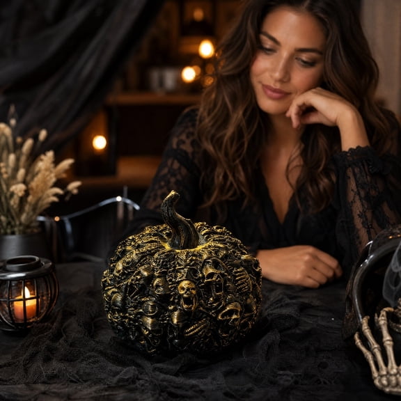 Halloween Pumpkin Decorations Gothic Halloween Decor 3 Inch Spooky Skeleton Pumpkin Haunted House Black and Gold Accent for Halloween Party Table Display, 1 Pack