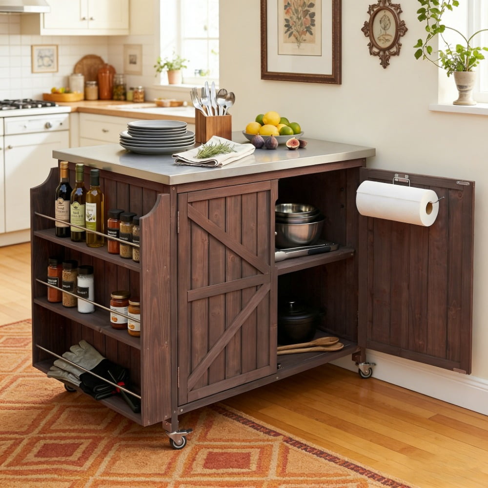42.1" Outdoor Kitchen Island with Side Shelf - Outdoor Grill Cart with Storage Cabinet, Stainless Steel Top, Adjustable Shelf and 4 Wheels for Pizza Prep, BBQ, Garden, Patio