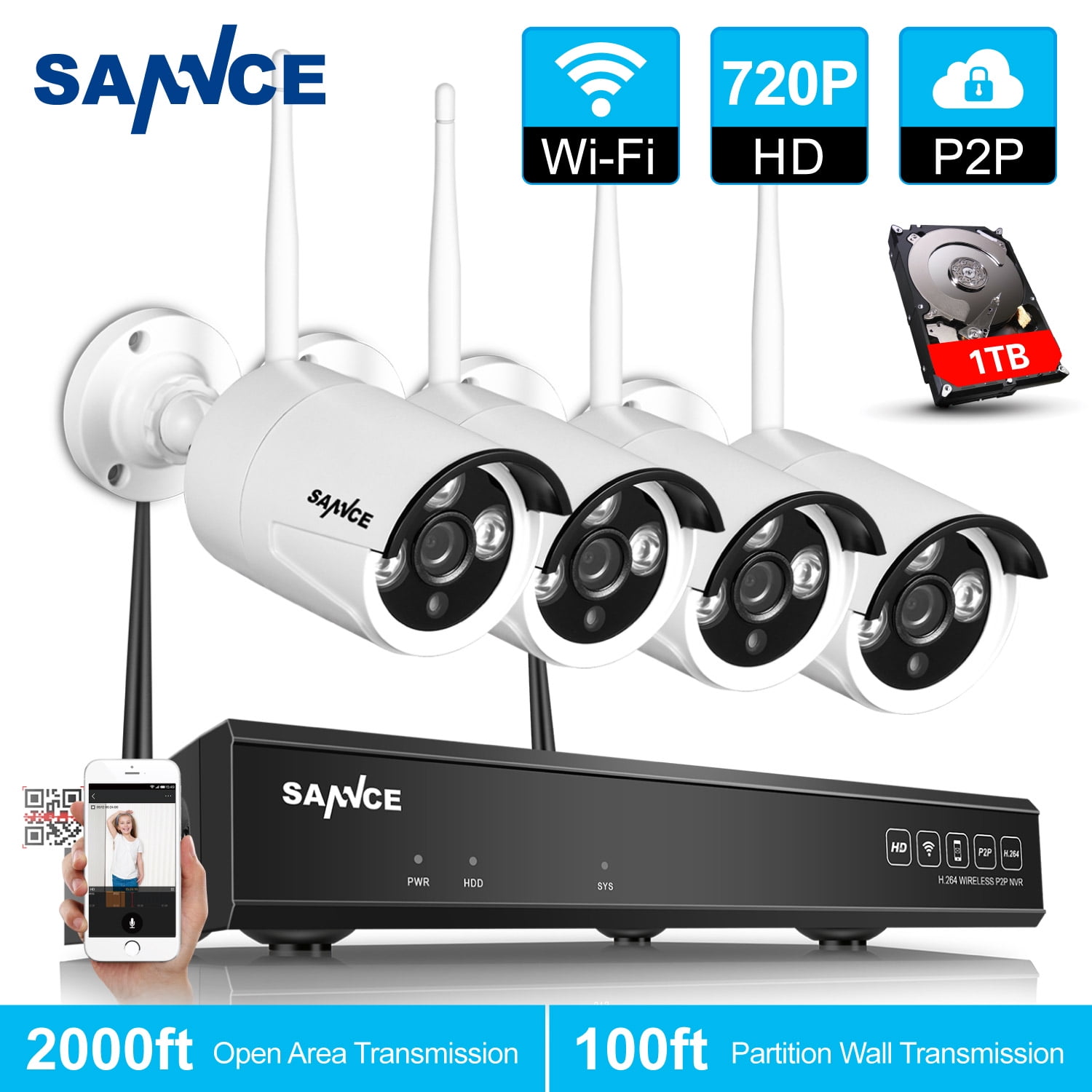 SANNCE 4CH 720P WIFI CCTV System With 1TB Hard Drive Outdoor