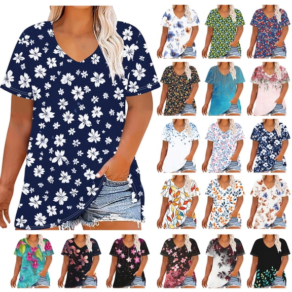 NSLGXD Womens Plus Size T Shirts Dressy Casual V Neck Short Sleeve Shirts Boho Gradient Floral Graphic Tees Breathable Elegant T Shirts XL-5XL Multicolor Tops