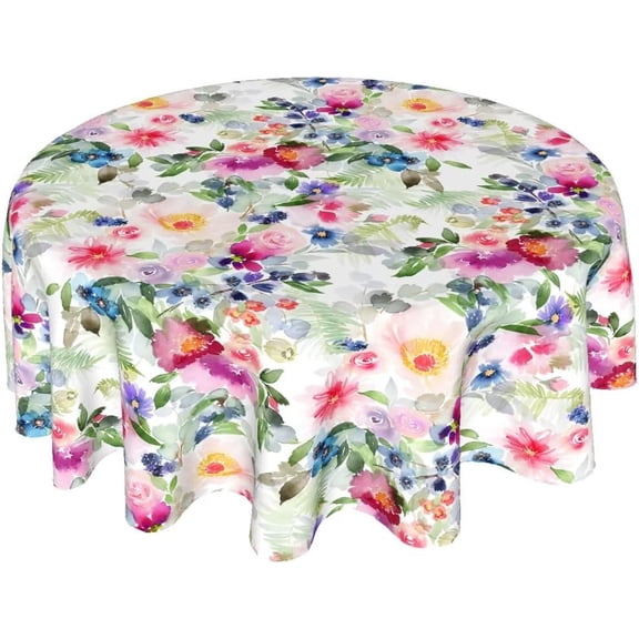 Watercolor Floral Round Tablecloth 60 Inch Spring Summer Pink Bule Flower Table Cloth Green Rustic Farmhouse Tablecloth for Kitchen Dining Table Living Room Picnic Party Wedding Decor