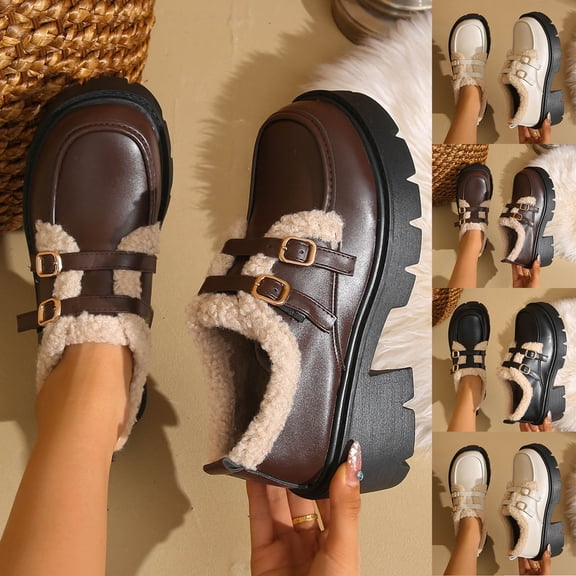 Nmnitkp Womens Winter Warm Loafers - Fashionable Casual Comfortable, Solid Color Round Toe with Thick Mid-Heel Shoes Brown,36