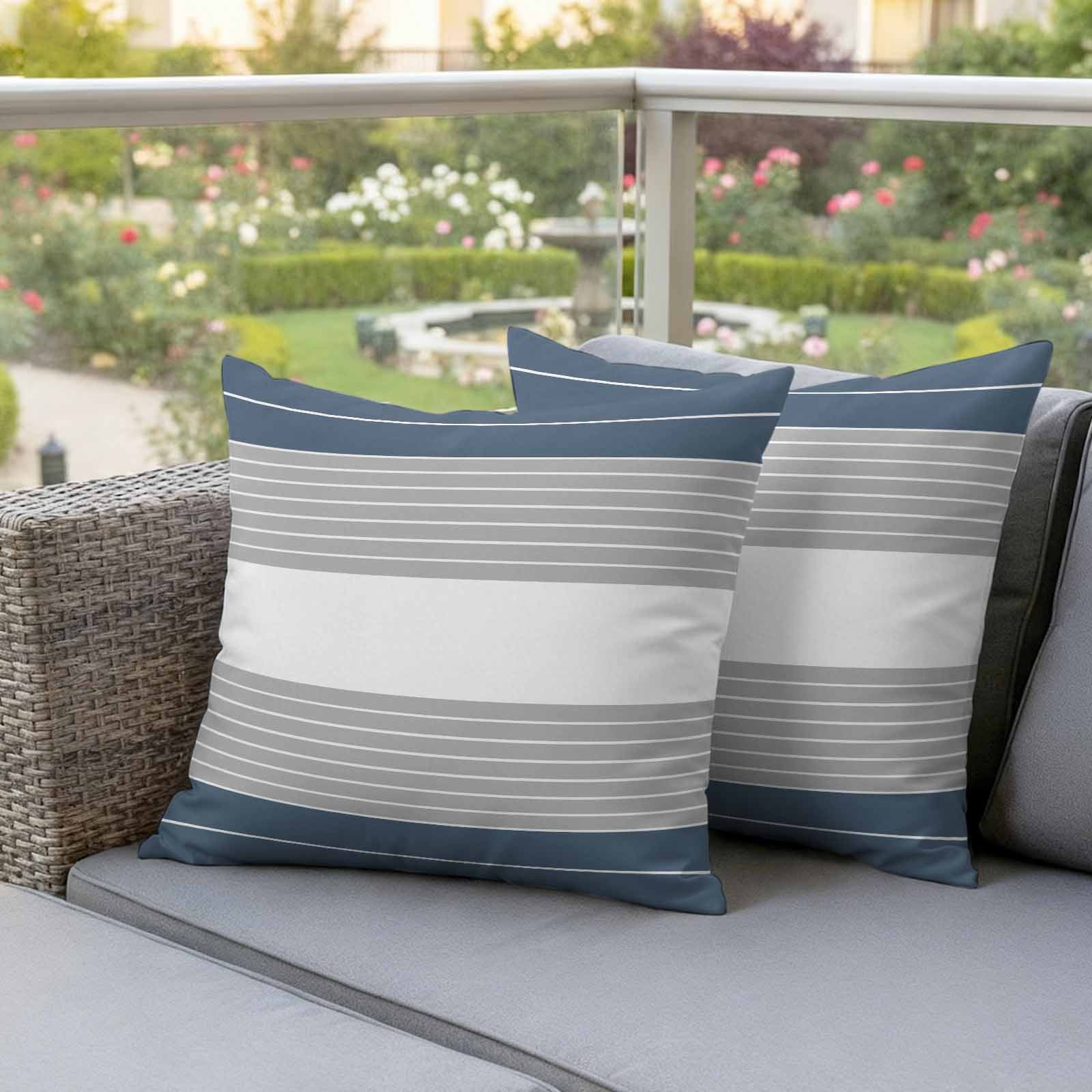 Haze Blue Grey Stripe Outdoor Waterproof Pillow Covers, Modern Art Horizontal Striped Decorative Square Throw Pillowcase Sofa Cushion Sham for Patio/Couch/Chair, 18"x18" 2 Pack
