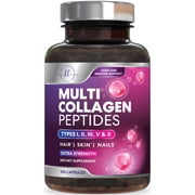 Multi Collagen Peptides - Hydrolyzed Collagen Types I, II, III, V, X - Best Hair, Skin, Nail & Joint Support for Women - Complete Collagen Peptide Supplement - Non-GMO, Bottled USA - 120 Capsules