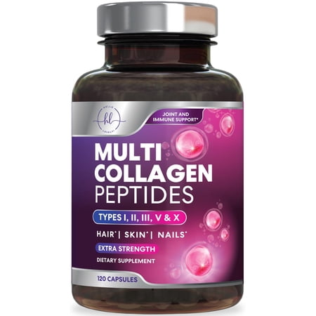 Multi Collagen Peptides - Hydrolyzed Collagen Types I, II, III, V, X - Best Hair, Skin, Nail & Joint Support for Women - Complete Collagen Peptide Supplement - Non-GMO, Bottled USA - 120 Capsules