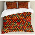 thumbnail image 1 of Geometric Duvet Cover Set Queen Size, Abstract Funky Waves Contemporary Style Vibrant Tribal African Effects, Decorative 3 Piece Bedding Set with 2 Pillow Shams, Jade Green Red Orange, by Ambesonne, 1 of 3