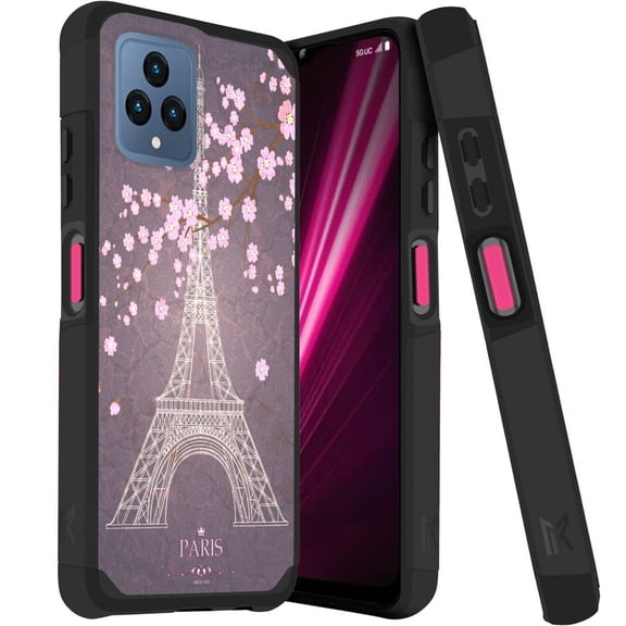 MetKase Hybrid Series Case for T-Mobile REVVL 6 5G (Magnetic Mount Ready Dual Layer Slim Cover) - Eiffel Tower Blossom