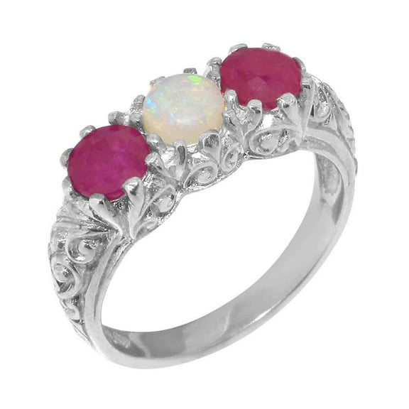 LBG British Made 925 Sterling Silver Natural Opal & Ruby Womens Anniversary Ring - 33 size options - Size 10