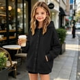 thumbnail image 7 of Huangx Girls Button Hoodie Sweatshirt, Long Sleeve Henley Pullover with Front Pocket, Casual Fall Winter School Outfit for Teen Girls & Kids Black 7-8 Years, 7 of 7