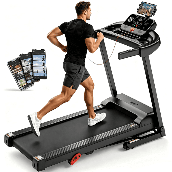 Foldable Treadmill, 7.5 MPH Treadmills for Home with App Compatible, Treadmill with 10% Incline, Brushless Drive, 64 HIIT Programs, Treadmill 300 LBS Capacity