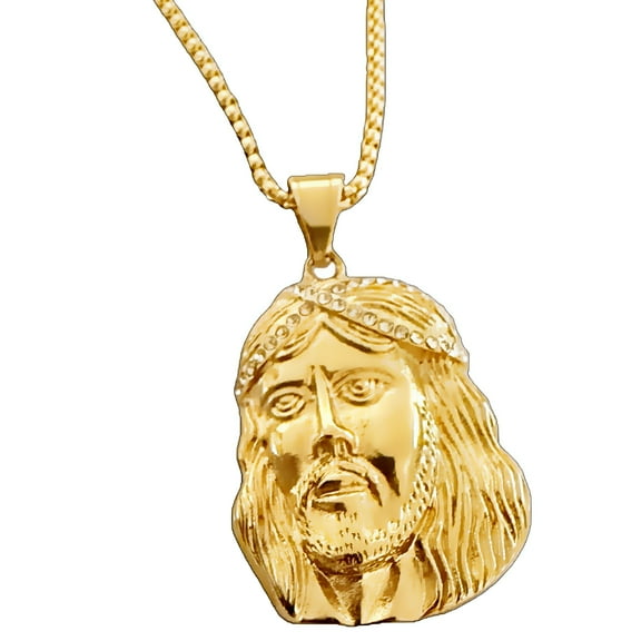 Mens 18k Gold Plated Stainless Steel Jesus Head CZ Sausage Chain Necklace 24"