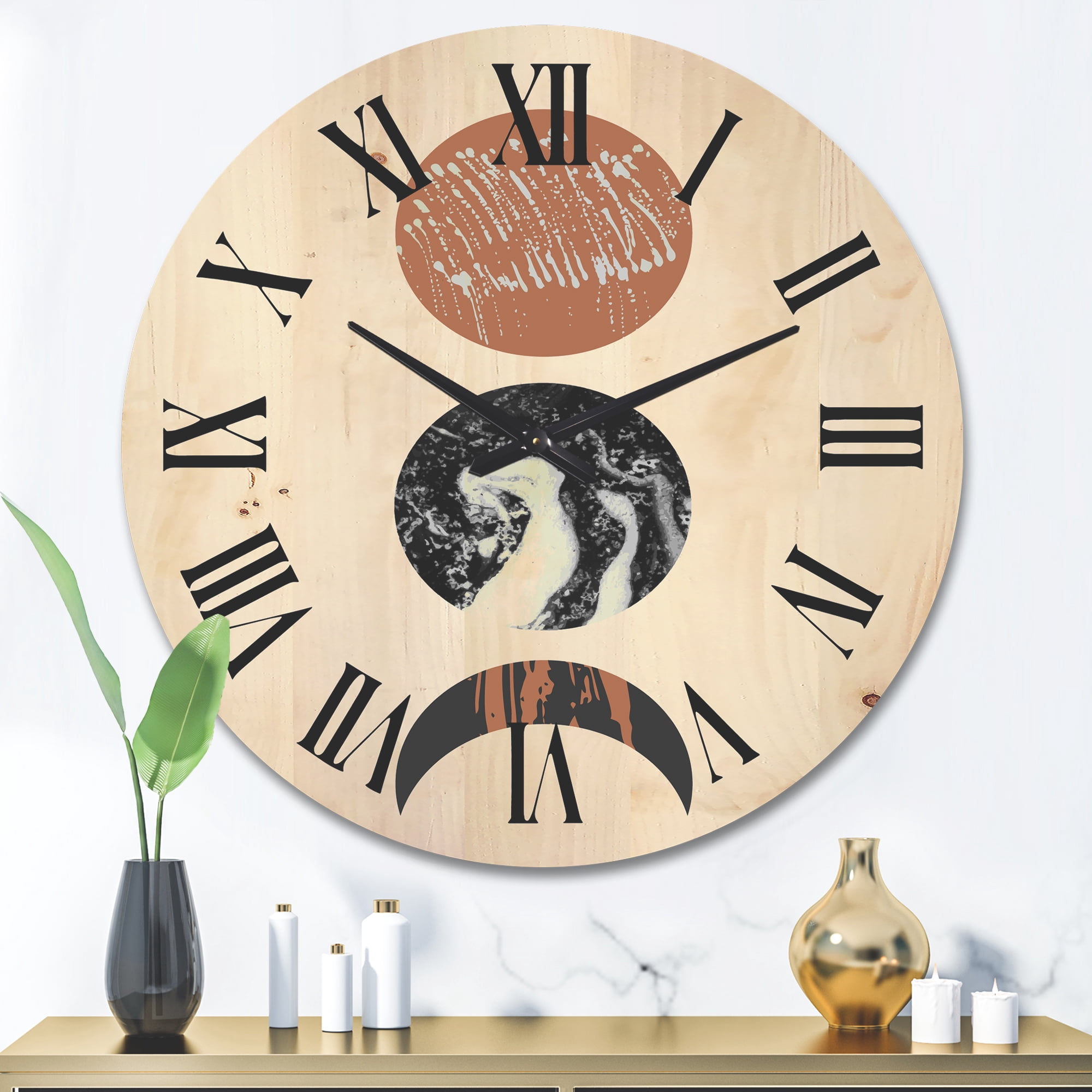 Designart 'Retro Shapes Abstract Moons and Suns' Modern Wood Wall Clock