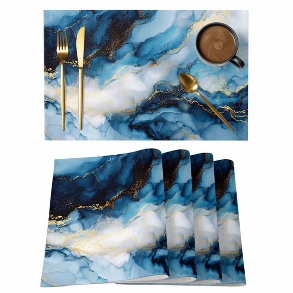 Blue Ombre Golden Marble Placemats Set of 4 Abstract Modern Marble Crack Place Mats Indoor Wipeable Table Mats Washable Cloth Dining Table Placemats for Kitchen Holiday Party Home Decor 13x19 Inch