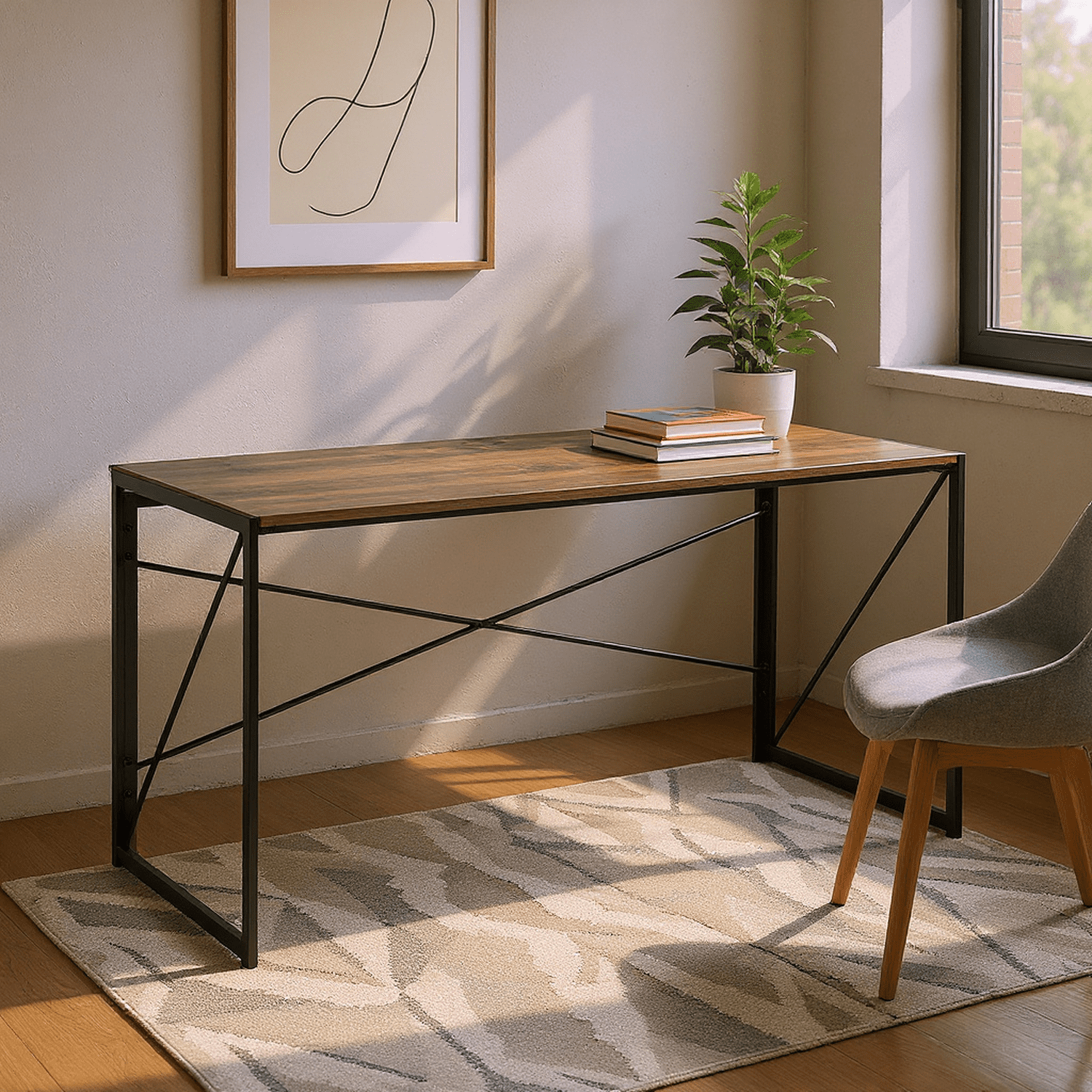 Homy Casa 55″ Folding Craft and Work Table, Industrial Wood Desk for Home Office, Sewing, DIY, Brown