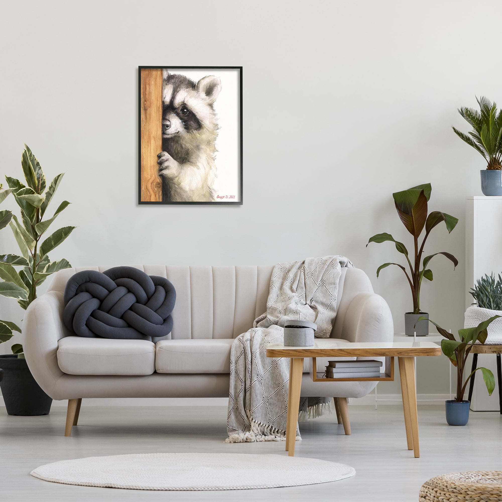 Stupell Industries Peering Raccoon Cute Smile Watercolor Animal Painting Painting Black Framed Art Print Wall Art, Design by George Dyachenko