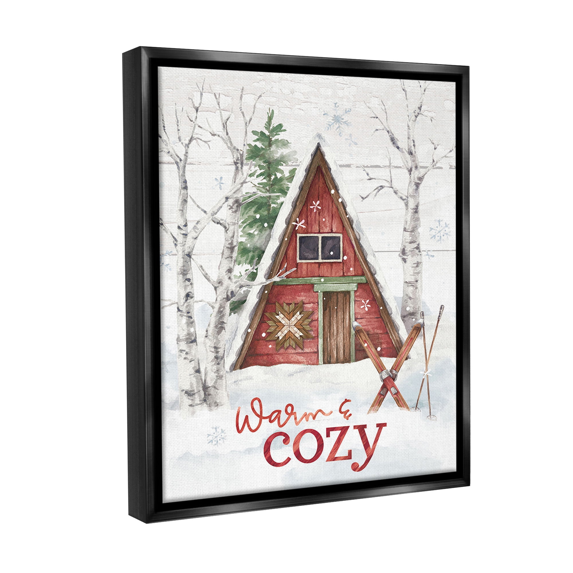 Stupell Industries Warm & Cozy Cabin Holiday Painting Black Floater Framed Canvas Art Print Wall Art, 17 x 21