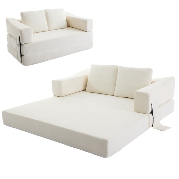Aukfa 70.87" Folding Sofa Bed, Convertible Loveseat Sleeper Floor Couch, Sleeping Mattress, Removable Backrest, White