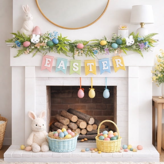 Easter Bunny Egg Vine Door Decor - Winter-to-Spring Home Decor & Early Easter Prep, Colorful Spring Floral Branches Decor, Home Patio Porch Accents, Cute Easter Eggs & Bunny Vines, 70.87in