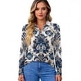 thumbnail image 4 of CCRFTGI Long Sleeve Shirts for Women Business Workl Polo Shirts Basic Lapel V Neck Collared Shirts Fall Vintage Floral Print Loose Fit Button Up Tees Blue XL, 4 of 4