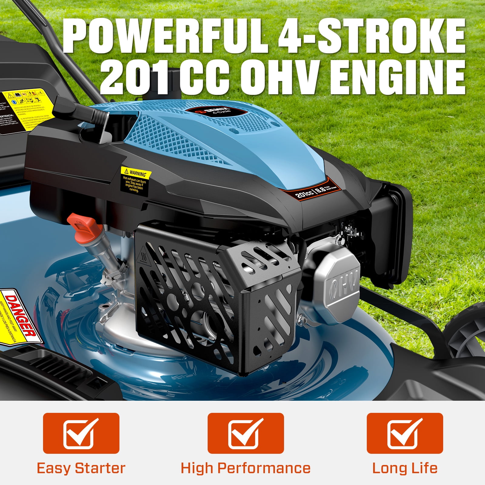 SENIX Self-Propelled Gas Lawn Mower, 22-inch Cutting Blade, 201 cc, 3-In-1, 6-Position Adjustment, 11-inch Rear Wheel 19-Gallon Bag
